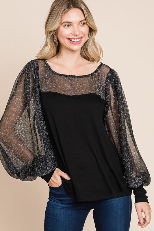 Sarah Metallic Mesh Lantern Sleeve Blouse